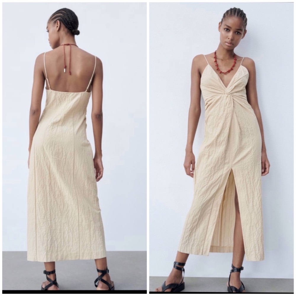 Zara neutral sand  textured knotted front slit dress adjustable straps 2022